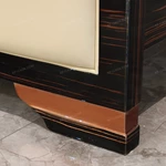 Cream Leather Upholstered Bed with Dark Natural Wood Veneer Trim, Embossed Brand Emblem & Copper-Accented Hardware